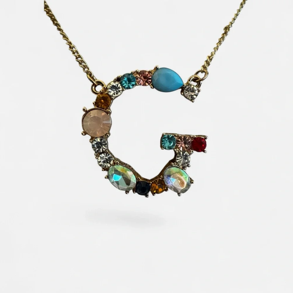 Initial G Necklace w Multicolor Gemstones - Picture 3 of 5
